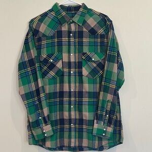 Mens Vibrant Green and Blue Plaid Western Pearl Snap Flannel Shirt - Medium